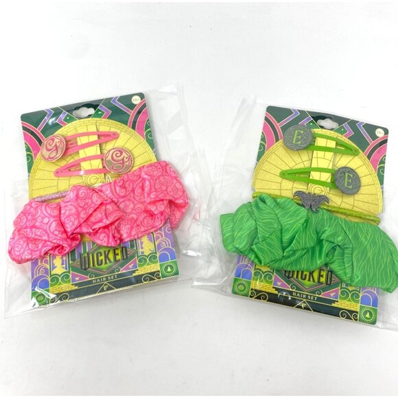 Wicked Hair Accessory Set Glinda Or Elphaba Clips Scrunchie Hair Ties Pink Green - Picture 1 of 11